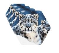 Set di 4 con supporto, sottobicchieri rotondi in pelle, con leopardo delle nevi dagli occhi blu per bevande, tazze, o per tavolino d