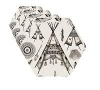 Set di 4 con supporto, sottobicchieri rotondi in pelle, fascia per la testa con piume, sottobicchieri a forma di tenda indiana per bevande, tazze,