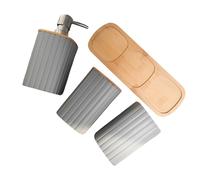 Set di 4 contenitori da bagno in ABS e legno, include dispenser di sapone liquido per le mani, tazza per spazzolino da denti, tazza salva-spazio per il bagno