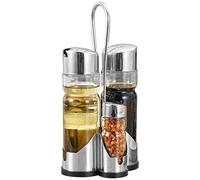 Set di 4 contenitori per sale e pepe, dispenser per olio e aceto con supporto in acciaio inox, bottiglie di vetro, organizer da cucina da appoggio, 11,9 x 10,4 x 22,6 cm