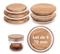 Set di 4 coperchi adatti per il perfetto legno, 70 mm, coperchio in acacia per barattoli perfetti riutilizzabili con guarnizione in rondella in gomma, adatti per la perfetta terrina, 125 ml, 200 ml