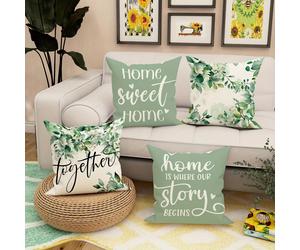 Set di 4 copripiumini per cuscini da divano con stampa a foglie verdi "La casa è dove inizia la nostra storia", un regalo per la tua casa, soggiorno, camera da letto o auto! 45cm X 45cm [Senza anima d
