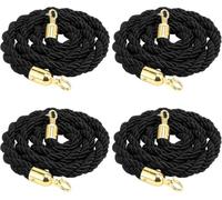 Set di 4 corde nere da 274 cm con ganci a scatto per eventi e file | Miscela ritorta di nylon e canapa con ganci a molla per tappeti rossi, teatri, hotel, aree VIP e barriere separafila