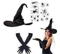 Set di 4 costumi da strega, cappello da strega da donna, cappello da strega per bambini, con cappello da strega e guanti lunghi e 2 adesivi a ragno, accessorio per costume per carnevale, feste, teatro