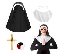 Set di 4 costumi da suora, cappello da suora, collare per suora, collana con ciondolo a croce, colori neri e bianchi e rossi per Halloween, cosplay, carnevale, feste a tema