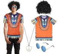 Set di 4 costumi hippie da uomo, stile retrò anni '60 e '70, tra cui camicia hippie, parrucca afro nera, occhiali da sole, collana con segno della pace, accessori vintage, accessori per feste in