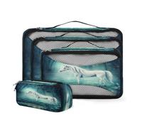 Set di 4 cubi da imballaggio con unicorno bianco nella foresta per valigie, organizer da viaggio con borsa superiore in rete per accessori da viaggio