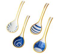 Set di 4 cucchiai da zuppa con manico lungo, design retrò giapponese, ceramica, asiatico, linea blu, ombra di fuoco, chiaro di luna, per ramen