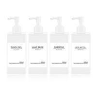 Set di 4 dispenser di sapone bianco, 300 ml, dispenser di sapone per doccia, in plastica, ricaricabile, con imbuto ed etichette impermeabili, moderne, per cucina, bagno, bagno
