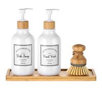 Set di 4 dispenser di sapone da cucina da 473,6 g, con pompa in bambù, vassoio per sapone e spazzola per piatti, dispenser per sapone da bagno, con etichette impermeabili per sapone per le mani,
