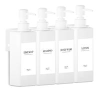 Set di 4 dispenser di sapone da parete, 500 ml, bianco, dispenser per sapone da bagno senza foratura, in plastica, con imbuto ed etichette impermeabili, dispenser per shampoo per cucina, bagno