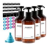Set di 4 Dispenser di Sapone Marrone | 500 ml Dispenser Shampoo e Bagnoschiuma con 56 Etichette | Dosatore di Gel Doccia in Plastica | Dosatore di Detersivo per Cucina Bagno