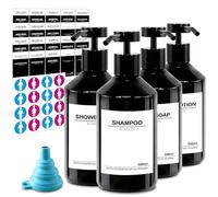 Set di 4 Dispenser di Sapone Nero | 500 ml Dispenser Shampoo e Bagnoschiuma con 56 Etichette | Dosatore di Gel Doccia in Plastica | Dosatore di Detersivo per Cucina Bagno