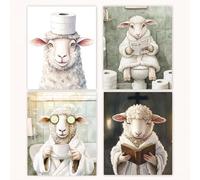 Set di 4 divertenti stampe artistiche da parete per bagno con agnello cristiano, senza cornice, giornale bibbia, caffè, pecore, WC, poster, immagini decorative da parete per bagno, dormitorio, 28 x