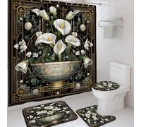 Set di 4 eleganti tende da doccia con motivo floreale, accessori decorativi per il bagno con giglio bianco, accessori decorativi per la primavera, tenda moderna in tessuto nero impermeabile con ganci