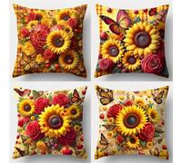 Set di 4 Federe Cuscini Divano in Lino 35x35 cm, Rose Rosse Girasoli Fodere per Cuscini Decorative Moderne con Cerniera Invisibile, Copricuscini Quadrati per Soggiorno, Camera da Letto e Ufficio