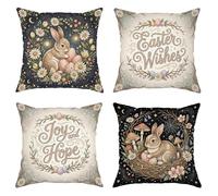 Set di 4 federe per cuscini a forma di coniglio, con motivo pasquale, con crisantemo pasquale, in morbido velluto pastello, lavabili, per soggiorno, appartamento, letto, divano, 50,8 x 50,8 cm