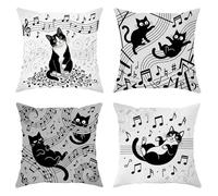 Set di 4 federe per cuscini a forma di gatto, fantasiose note musicali con turbinii N/a nere, con cerniera nascosta, per soggiorno, appartamento, letto, divano, decorazione, 71 x 71 cm