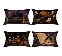 Set di 4 federe per cuscini a forma di gatto, fantasiosi fantasmi gotici con scopa viola in morbido velluto lavabile, federe decorative per casa, camera da letto, soggiorno, divano, 50 x 30 cm