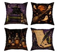 Set di 4 federe per cuscini a forma di gatto, fantasiosi fantasmi gotici con scopa viola in morbido velluto lavabile, per soggiorno, letto, ufficio, divano, sedia, decorazione 45,7 x 45,7 cm