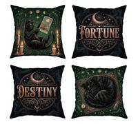 Set di 4 federe per cuscini a forma di gatto, gotico mistico, destino della fortuna, Halloween, nero, con cerniera nascosta, per casa, camera da letto, soggiorno, divano, decorazione 40,6 x 40,6 cm