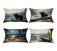 Set di 4 federe per cuscini a forma di orso, rustiche con canoa sul lago, verde autunnale, con cerniera nascosta, per casa, soggiorno, camera da letto, dormitorio, divano, decorazione 50 x 30 cm