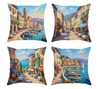 Set di 4 federe per cuscini a tema barche a vela, edifici impressionisti mediterranei, fiori estivi blu, con cerniera nascosta, per casa, camera da letto, soggiorno, divano, decorazione 55 x 56 cm