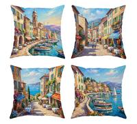 Set di 4 federe per cuscini a tema barche a vela, edifici impressionisti mediterranei, fiori estivi blu con cerniera nascosta, per soggiorno, letto, ufficio, divano, sedia, decorazione per soggiorno