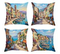 Set di 4 federe per cuscini con barche a vela, edifici impressionisti mediterranei, fiori estivi blu, in morbido velluto, lavabili, decorative, per soggiorno, camera da letto, loft, ufficio, auto, 50
