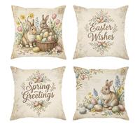 Set di 4 federe per cuscini con coniglio, con uova di Pasqua rustiche primaverili, fiori pasquali, in morbido velluto pastello, lavabili, per soggiorno, letto, ufficio, divano, sedia, decorazione 40,6