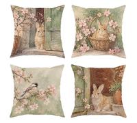 Set di 4 federe per cuscini con coniglio, rustiche vintage, con cesto di ciliegie e fiori di ciliegio, verde pastello, in morbido velluto, lavabili, decorative, per casa, camera da letto, soggiorno