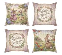 Set di 4 federe per cuscini con coniglio, stile vintage rustico, con fiori e ghirlande, in morbido velluto pastello, lavabili, decorative per casa, soggiorno, camera da letto, dormitorio, divano, 55 x