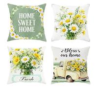 Set di 4 federe per cuscini con crisantemo, rustiche, gialle primaverili, con cerniera nascosta, per casa, soggiorno, camera da letto, dormitorio, divano, decorazione 55 x 55 cm