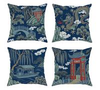 Set di 4 federe per cuscini con drago, stile tradizionale orientale, pagoda ponte, nessuno blu navy, in morbido velluto, lavabile, per soggiorno, appartamento, letto, divano, 50,8 x 50,8 cm