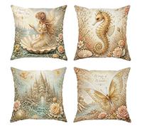 Set di 4 federe per cuscini con fatina, fantasiosi cavallucci marini, castello primaverile, in morbido velluto pastello, lavabili, quadrate, per soggiorno, letto, ufficio, divano, sedia, decorazione