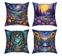 Set di 4 federe per cuscini con girasole, fantasia, fantasioso, sentiero, ponte, estate, vibrante, con cerniera nascosta, federe quadrate per soggiorno, letto, ufficio, divano, sedia, decorazione 50 x