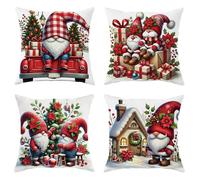 Set di 4 federe per cuscini con gnomo natalizio, decorative, per divano, letto, 40,6 x 40,6 cm, colore: rosso