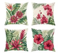 Set di 4 federe per cuscini con ibisco, tropicale, botanico, orchidea passiflora, estate, verde, in morbido velluto, lavabile, per soggiorno, appartamento, letto, divano, 30,5 x 30,5 cm