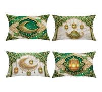 Set di 4 federe per cuscini con lanterna islamica tradizionale, teiera, Eid Mubarak, verde, con cerniera nascosta, per soggiorno, camera da letto, loft, ufficio, auto, decorazione 50 x 30 cm