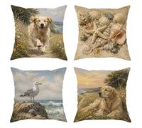 Set di 4 federe per cuscini con motivo con cani, conchiglie naturali costiere, onde, estate, beige, con cerniera nascosta, per soggiorno, appartamento, letto, divano, decorazione 40,6 x 40,6 cm