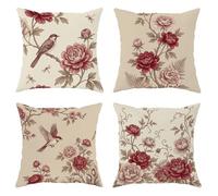 Set di 4 federe per cuscini con motivo peonia, stile vintage, romantico, con uccello, senza bordeaux, in morbido velluto, lavabile, per soggiorno, letto, ufficio, divano, sedia, decorazione 35,5 x