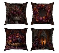 Set di 4 federe per cuscini con motivo peonie, stile barocco gotico, lanterna autunnale, viola scuro, con cerniera nascosta, federe decorative per soggiorno, letto, ufficio, divano, sedia, 30,5 x 30,5