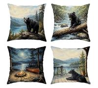 Set di 4 federe per cuscini con orso, stile rustico, con canoa sul lago, verde autunnale, in morbido velluto, lavabili, quadrate, per soggiorno, letto, ufficio, divano, sedia, decorazione 45 x 45 cm