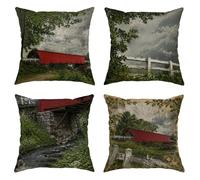 Set di 4 federe per cuscini con ponte coperto, rustiche, vintage, con pietra verde autunnale, rosso, morbido velluto, lavabile, per soggiorno, camera da letto, loft, ufficio, auto, decorazione 35,5 x