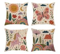 Set di 4 federe per cuscini con sole, fantasiose e giocose, farfalla magica, cavallo primaverile, color pastello, morbido velluto, lavabile, per casa, camera da letto, soggiorno, divano, decorazione