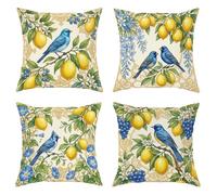 Set di 4 federe per cuscini con uccello, motivo botanico vintage con fiori di limone, in morbido velluto giallo, lavabile, per soggiorno, letto, ufficio, divano, sedia, decorazione 50 x 50 cm