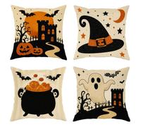 Set di 4 federe per cuscini con zucche, fantasiosi cappello da strega con fantasma, nero, con cerniera nascosta, cuscini decorativi per soggiorno, camera da letto, loft, ufficio, auto, 45 x 45 cm