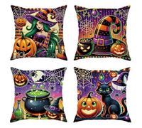 Set di 4 federe per cuscini di Halloween, decorazione mistica con strega e zucca, per cuscini quadrati decorativi spettrali, per casa, divano, letto, 50 x 50 cm