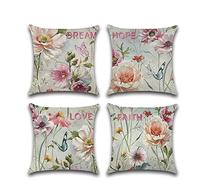 Set di 4 Federe per Cuscini Divano 45x45cm Moderne Fronte-Retro Decorazioni in Lino Federe per con Cerniera Invisibile Federa per Soggiorno Sedia Divano Auto Decorazione Domestica Fiore d'epoca