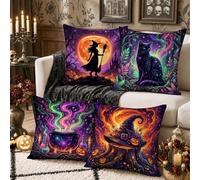 Set di 4 federe per cuscini fantasy, strega e simboli mistici, 45 x 45 cm | Fantasy, federe per cuscini, temi di stregoneria, atmosfera mistica, accenti per il soggiorno, decorazioni stagionali per la
